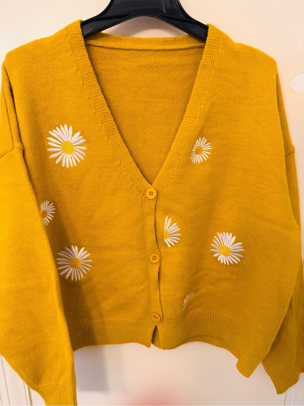 Mustard Daisy-Embroidered V-Neck Button Cardigan